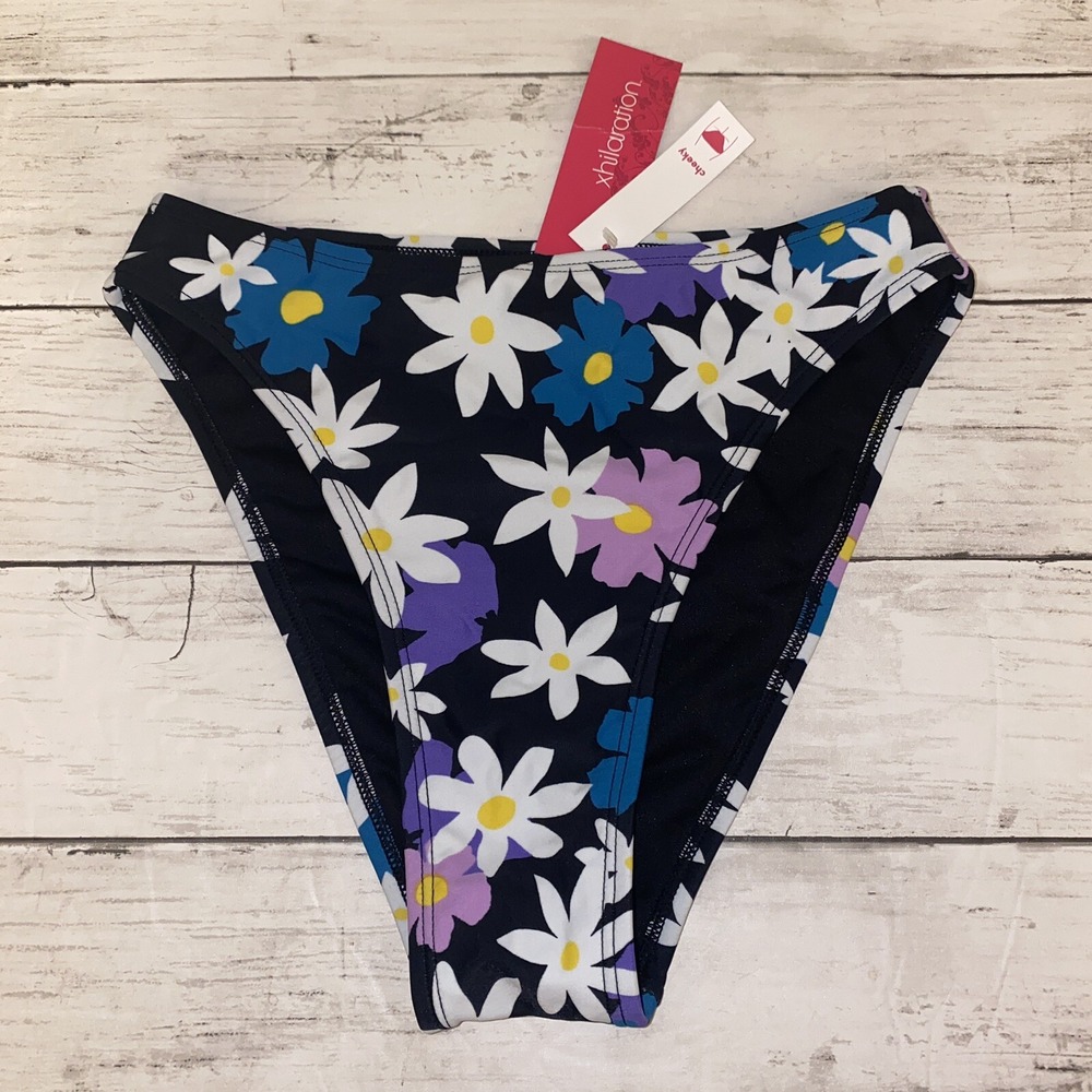 Xhilaration Bikini Bottom Womens XS Black Floral Purple Swim Cheeky High Waist